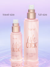 Two bottles of tarte 'life LOCK' product, one travel-size and one full-size, on a gradient purple background.