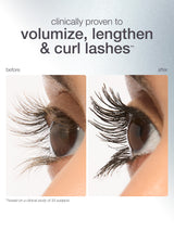 A before and after comparison of eyelashes, showing the after image with volumized, lengthened, and curled eyelashes.