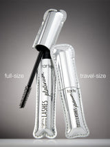 Two shiny silver mascara tubes labeled Tarte lights, camera, lashes platinum stand upright. One tube is open, showing the brush. The text full-size and travel-size appears above them against a gray background.