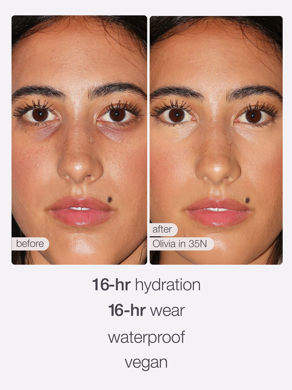 A woman's face before and after Tarte Cosmetics application, highlighting smoother skin and even tone. Text: before, after Olivia in 35N, 16-hr hydration, 16-hr wear, waterproof, vegan.