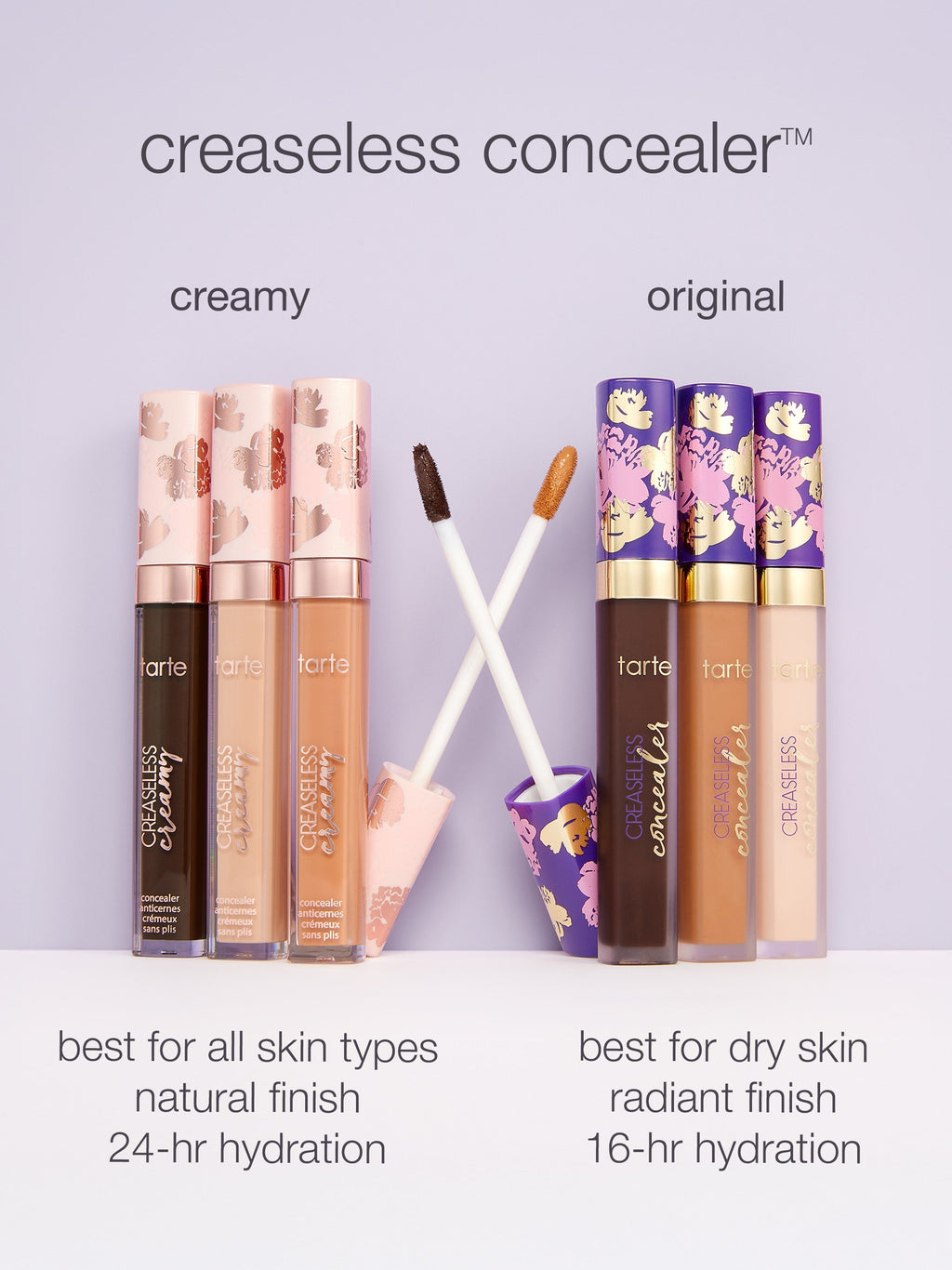 Tarte Cosmetics Creaseless Concealer tubes displayed, creamy and original variants. Creamy offers natural finish with 24-hour hydration, original provides radiant finish with 16-hour hydration. Both are showcased with applicators.