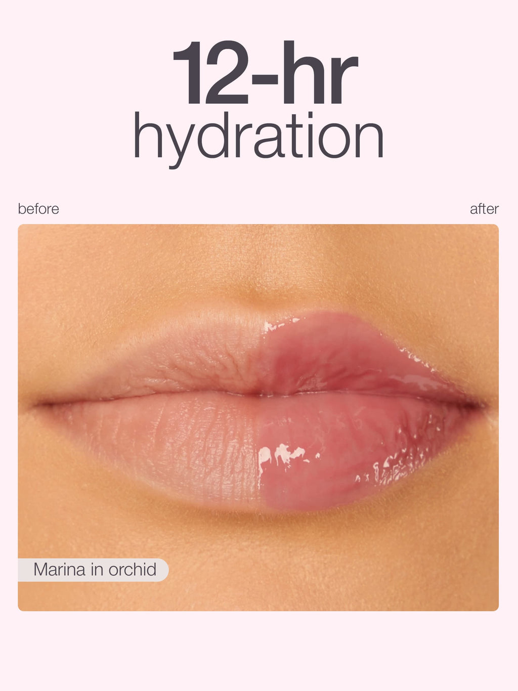 Lips with 12-hour hydration before and after effect, showing a glossy finish.