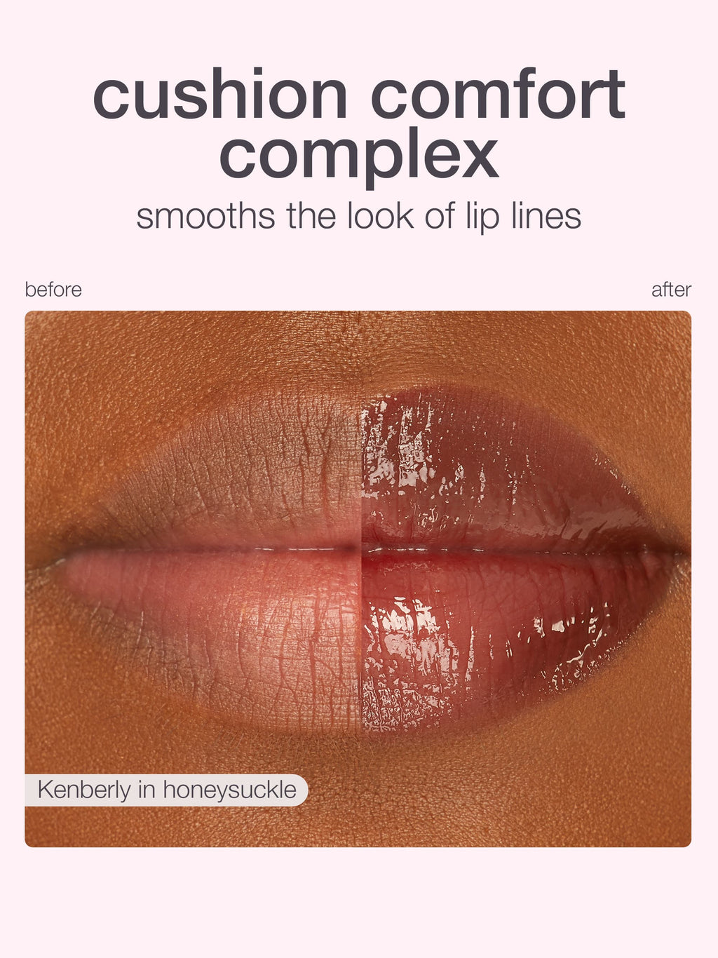 Before and after comparison of cushion comfort complex on lips with text indicating product name and color.
