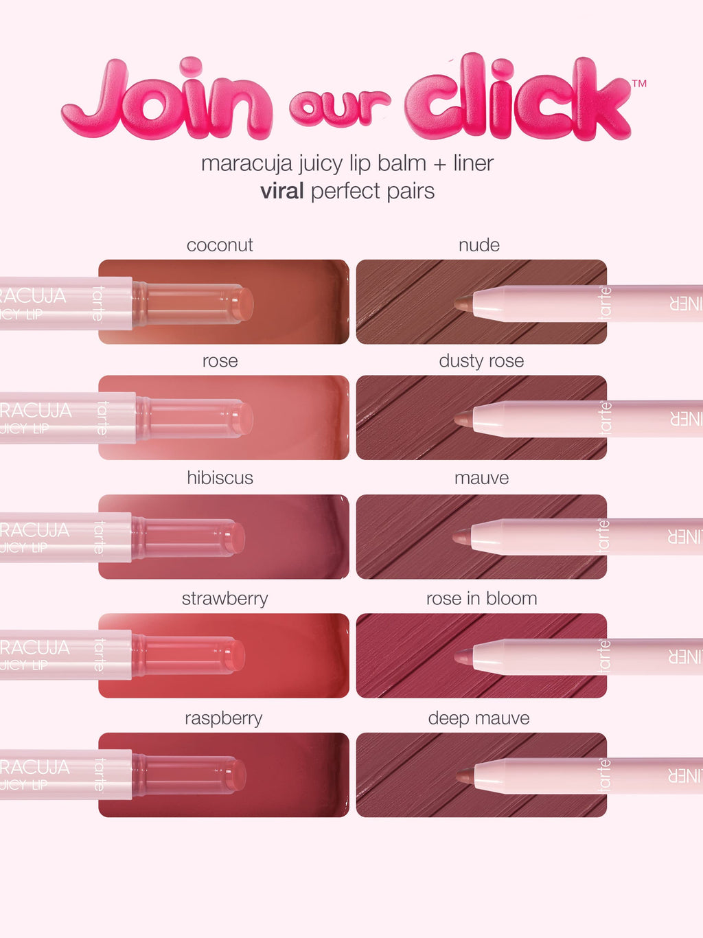 Color swatches of lip balm and liner with 'Join our click' text at the top.