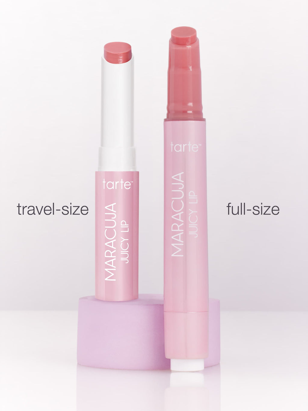 Tarte Maracuja Juicy Lip product in travel-size and full-size on a white background