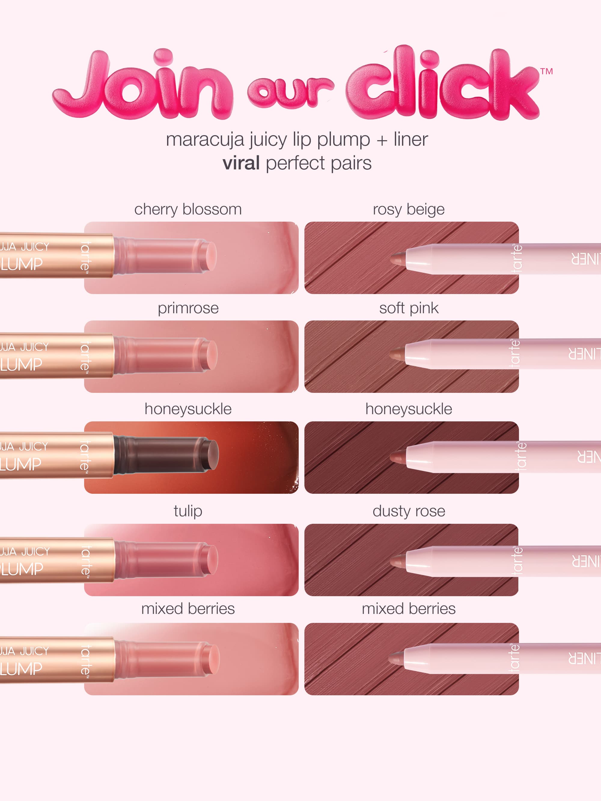 Lip product display with various shades and 'Join our click' text