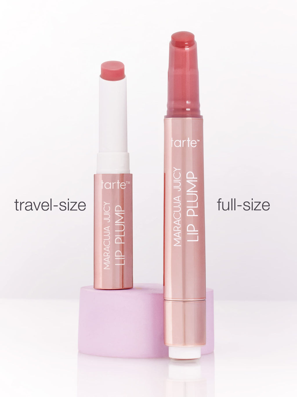 Tarte Lip Plump in travel-size and full-size on a white background