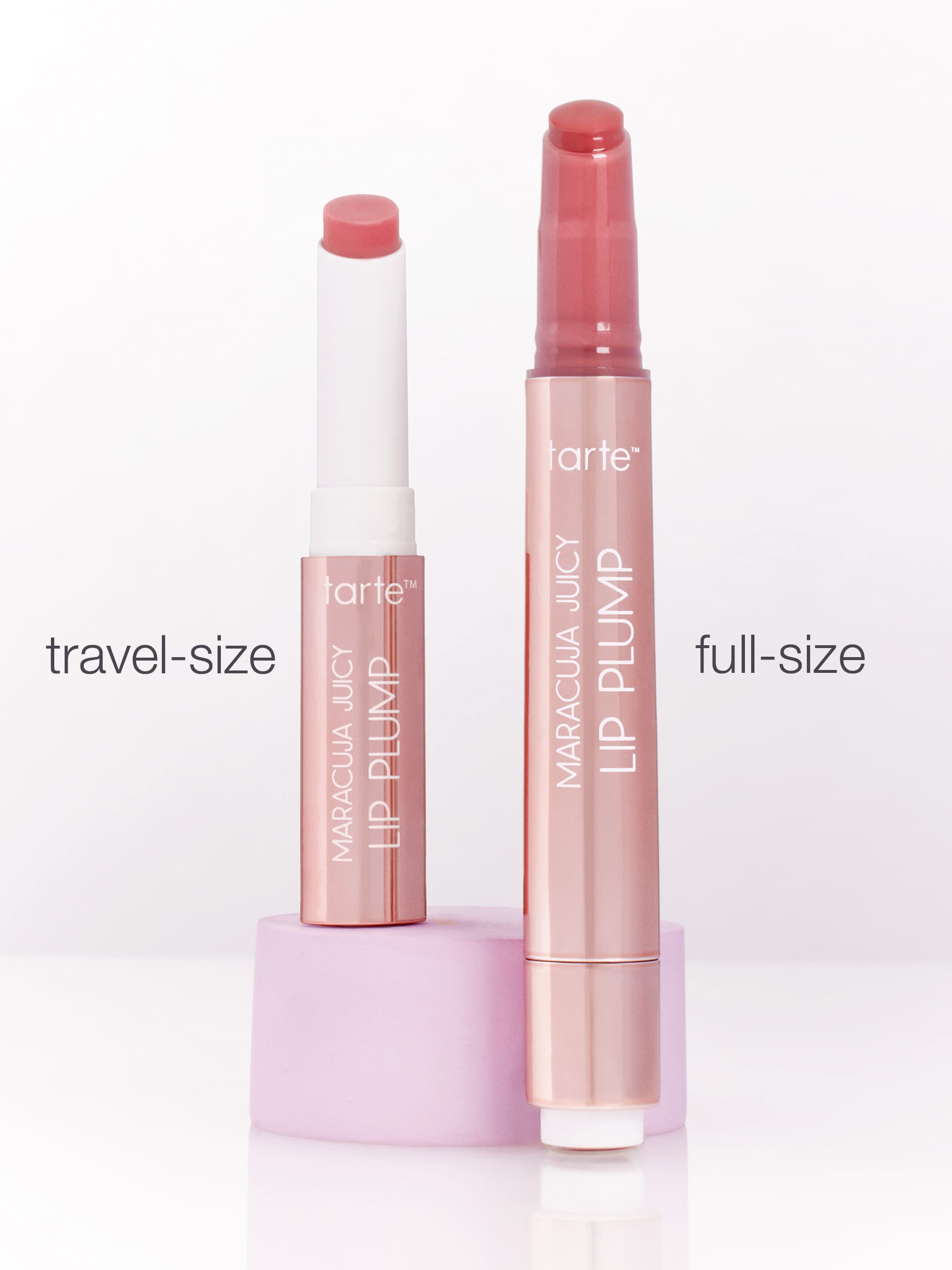 Tarte Lip Plump in travel-size and full-size on a white background
