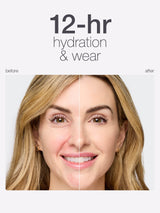 Before and after comparison of a woman's face with text '12-hr hydration & wear' on a white background.
