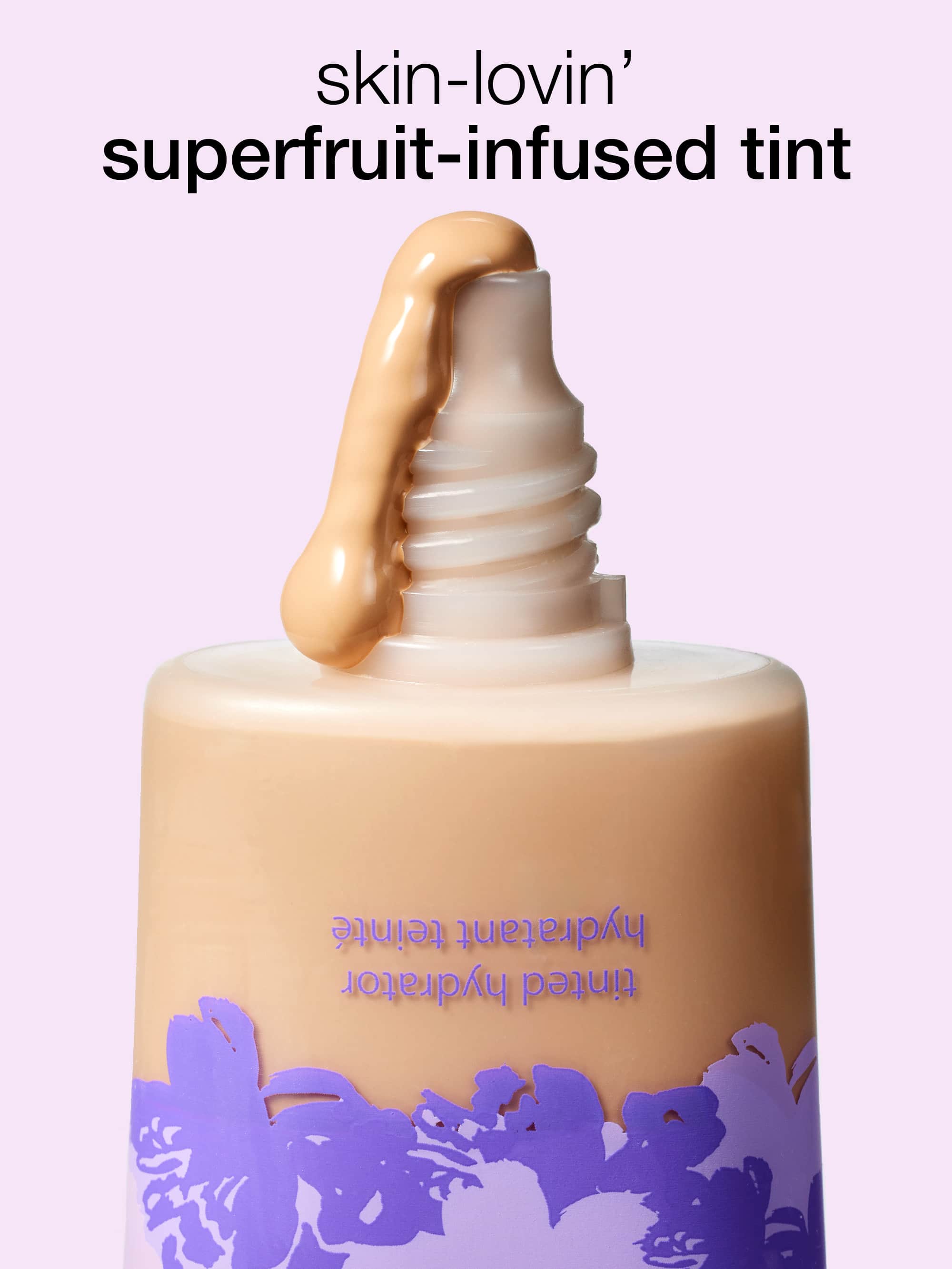 Superfruit-infused tint bottle with a dropper on a light purple background