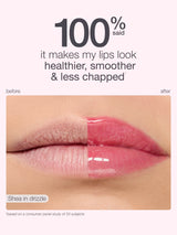 Lips shown before and after application of a lip product with text indicating benefits.