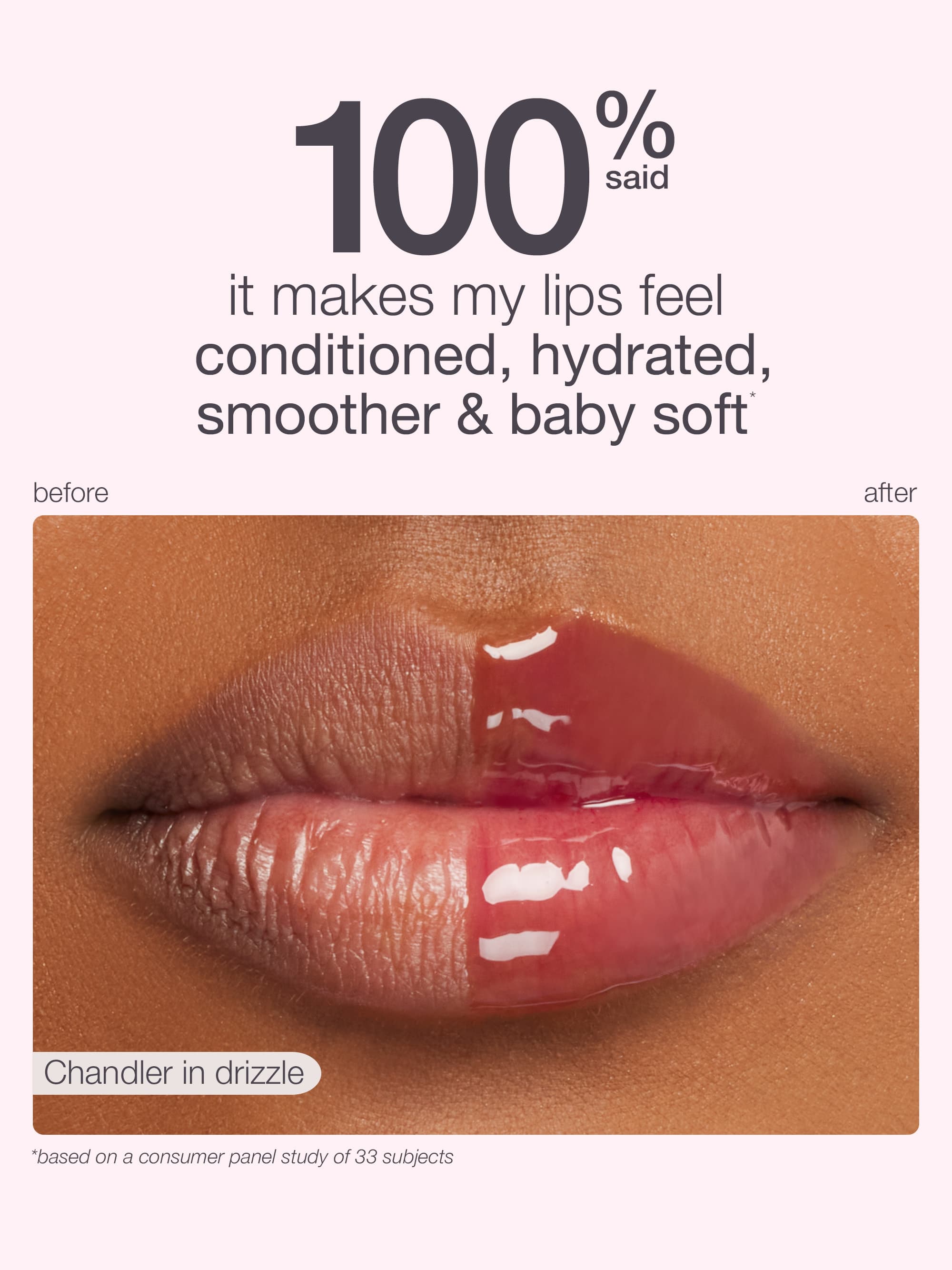 Lip product advertisement showing a before-and-after comparison of lips with a glossy finish.