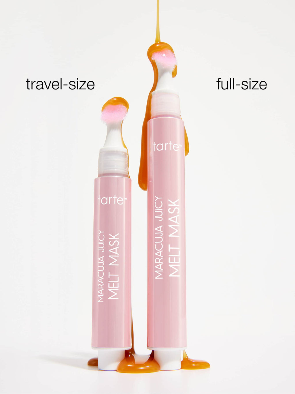 Tarte Maracuja Juicy Melt Mask in travel-size and full-size on a white background