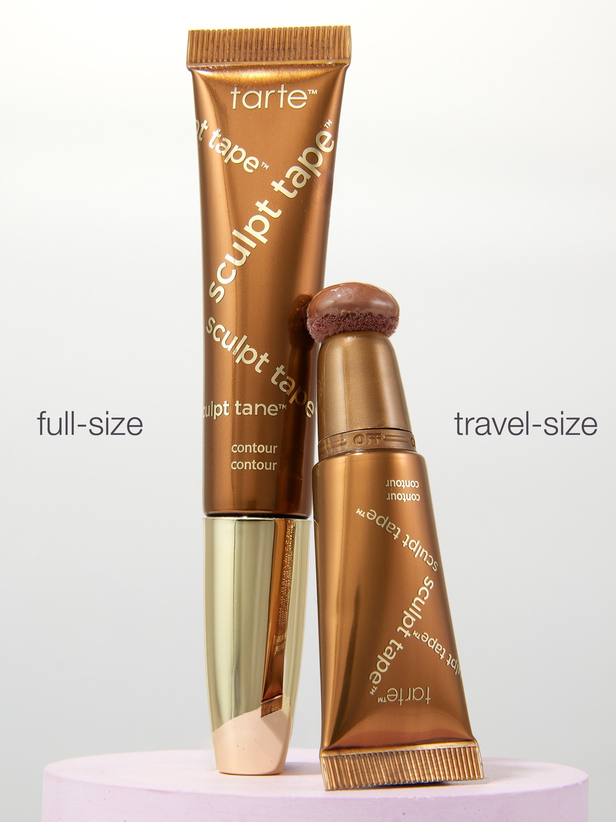 Tarte sculpt tape full-size and travel-size packaging on a white background