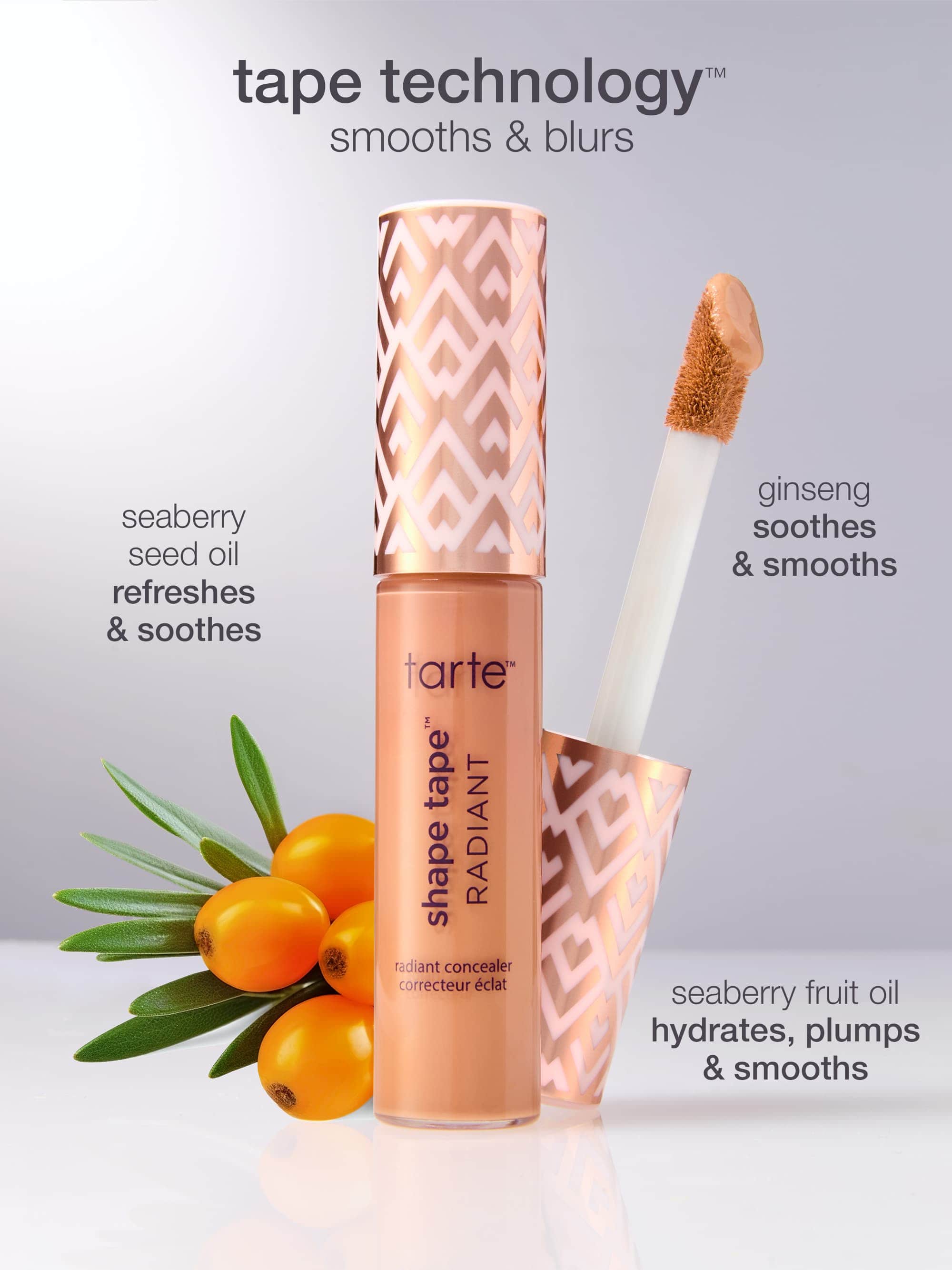 Tarte shape tape concealer with applicator and ingredients on a gray background
