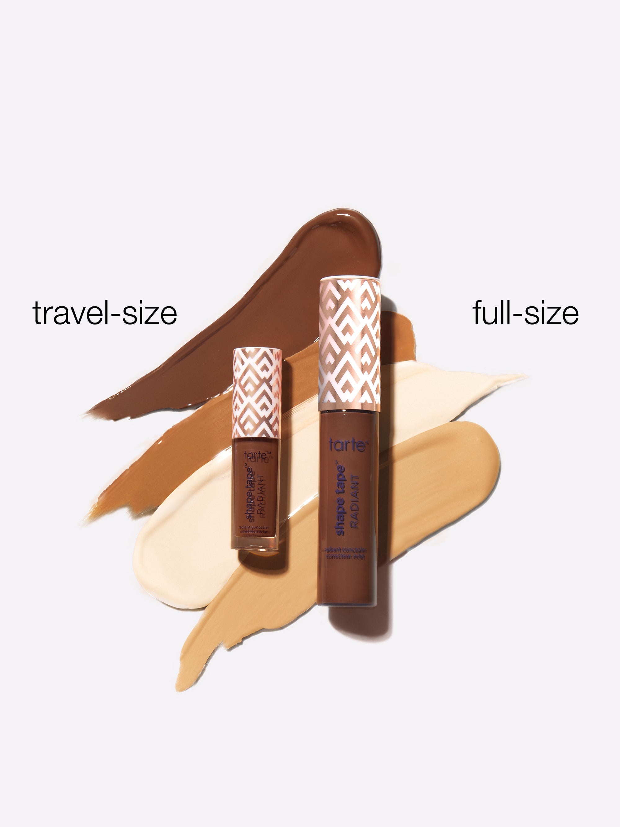 Two lip glosses, one travel-size and one full-size, with swatches of color on a white background.