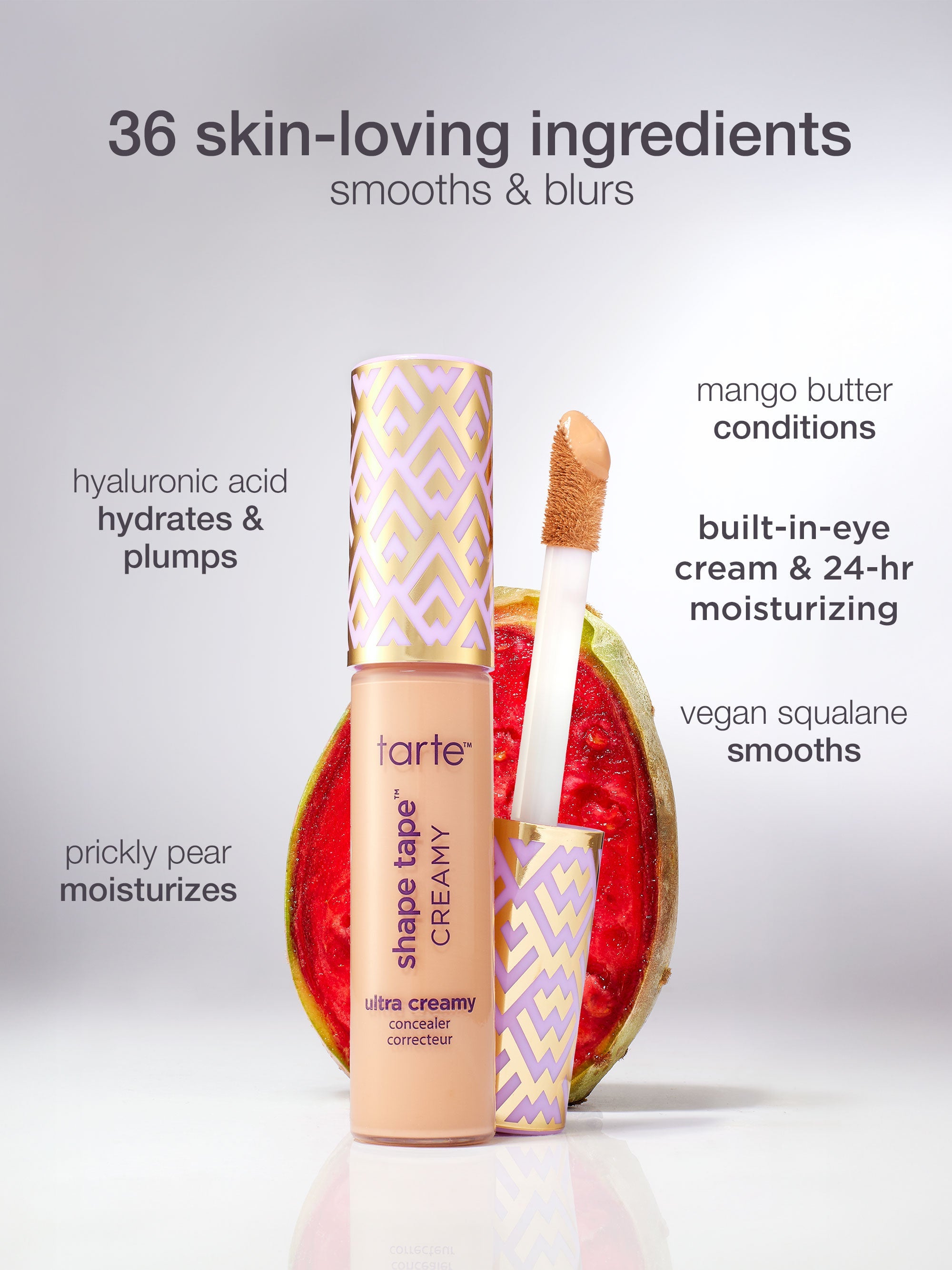 Tarte shape tape cream product with packaging and text highlighting features on a light gray background