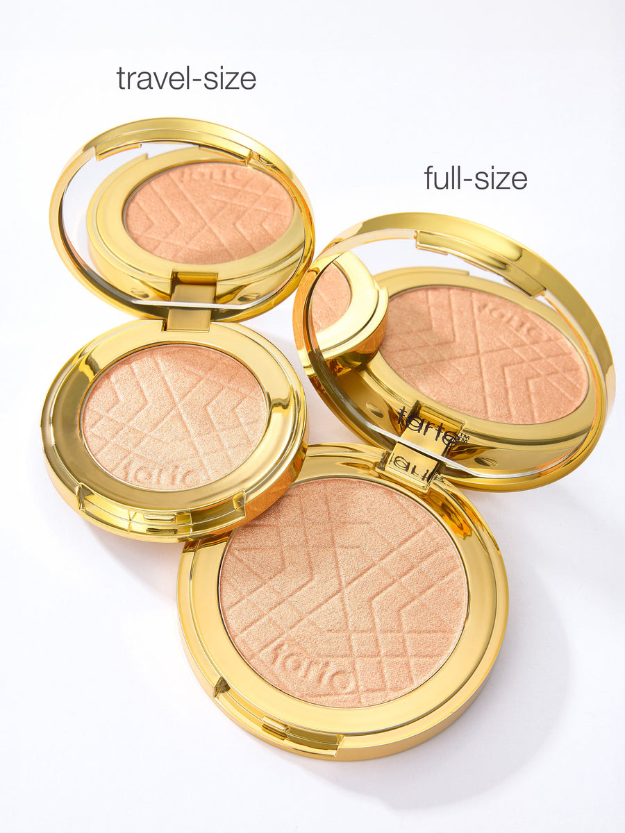 Two open compacts of a cosmetic product with 'full-size' and 'travel-size' labels on a white background.