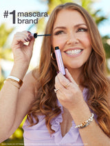Before and after comparison of eye makeup application with text '24-hr flake-free, smudge-proof wear'.