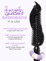 Two purple mascara tubes, one labeled 'travel-size' and the other 'full-size', on a light purple background.