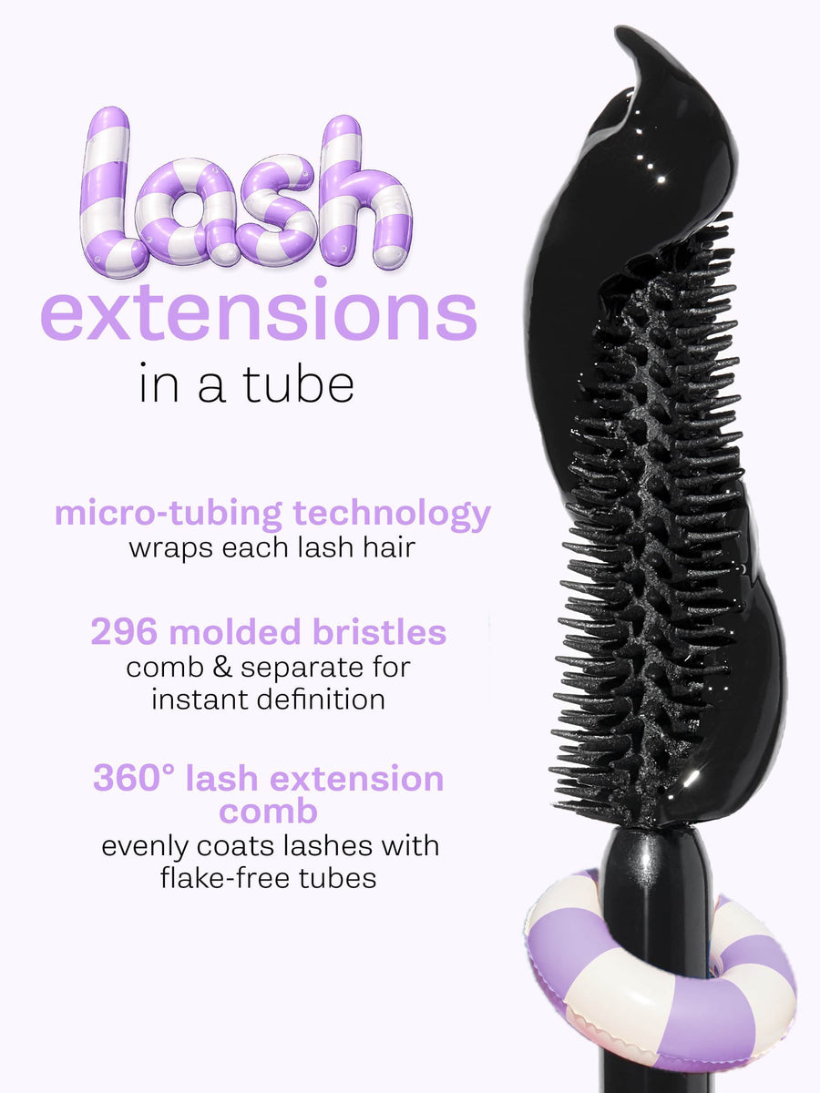 Two purple mascara tubes, one labeled 'travel-size' and the other 'full-size', on a light purple background.