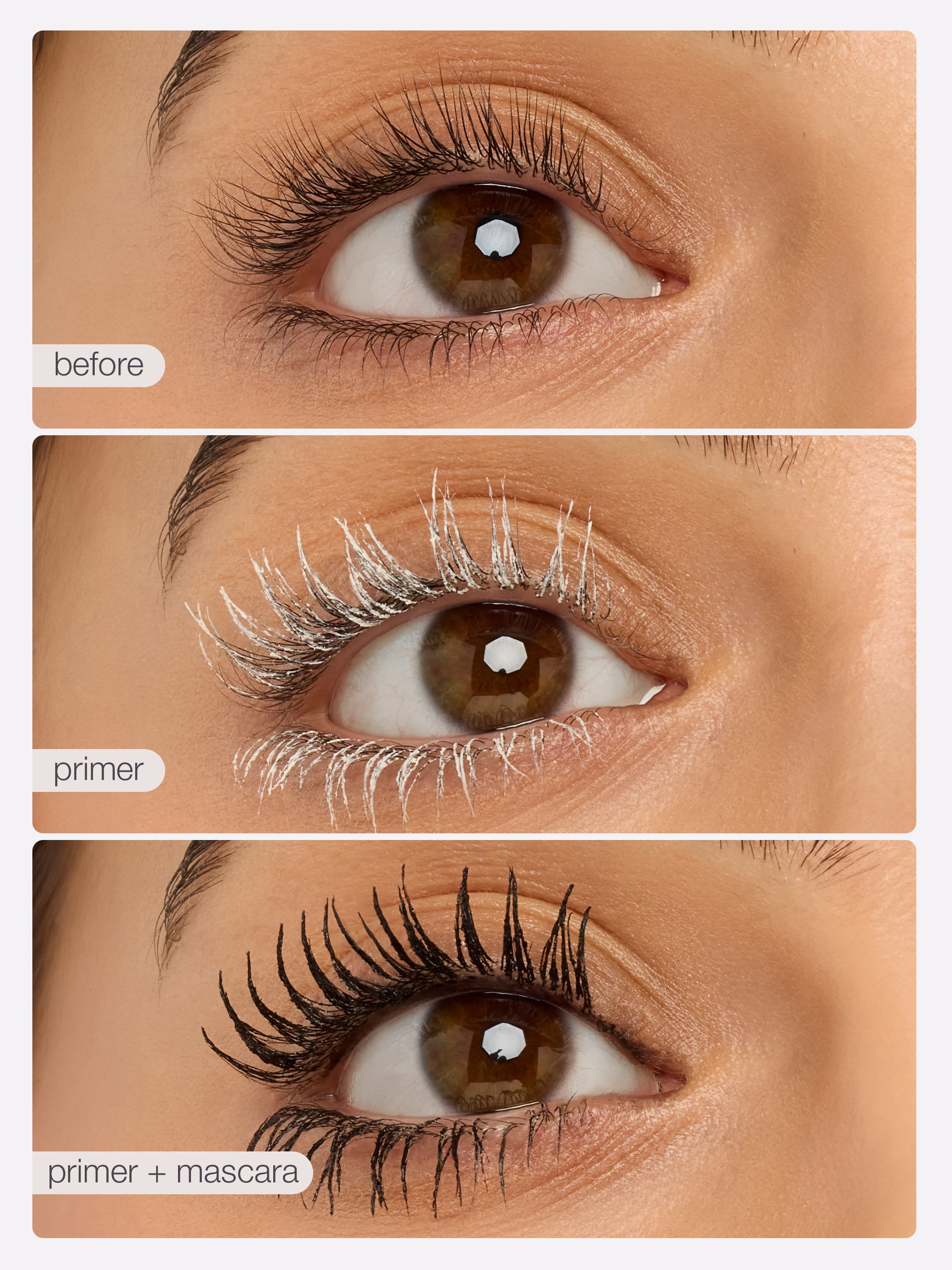 Before and after comparison of an eye with primer and mascara application.