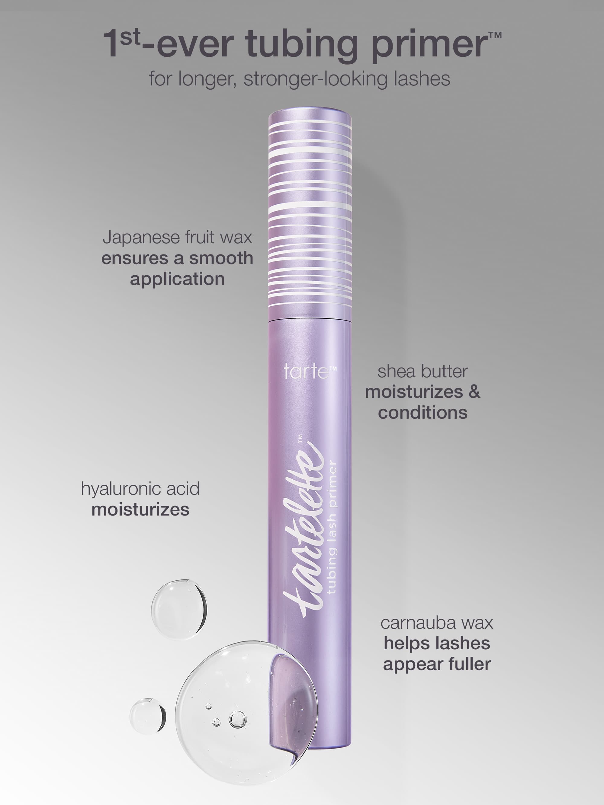 Tartelette mascara tube with product features on a gray background