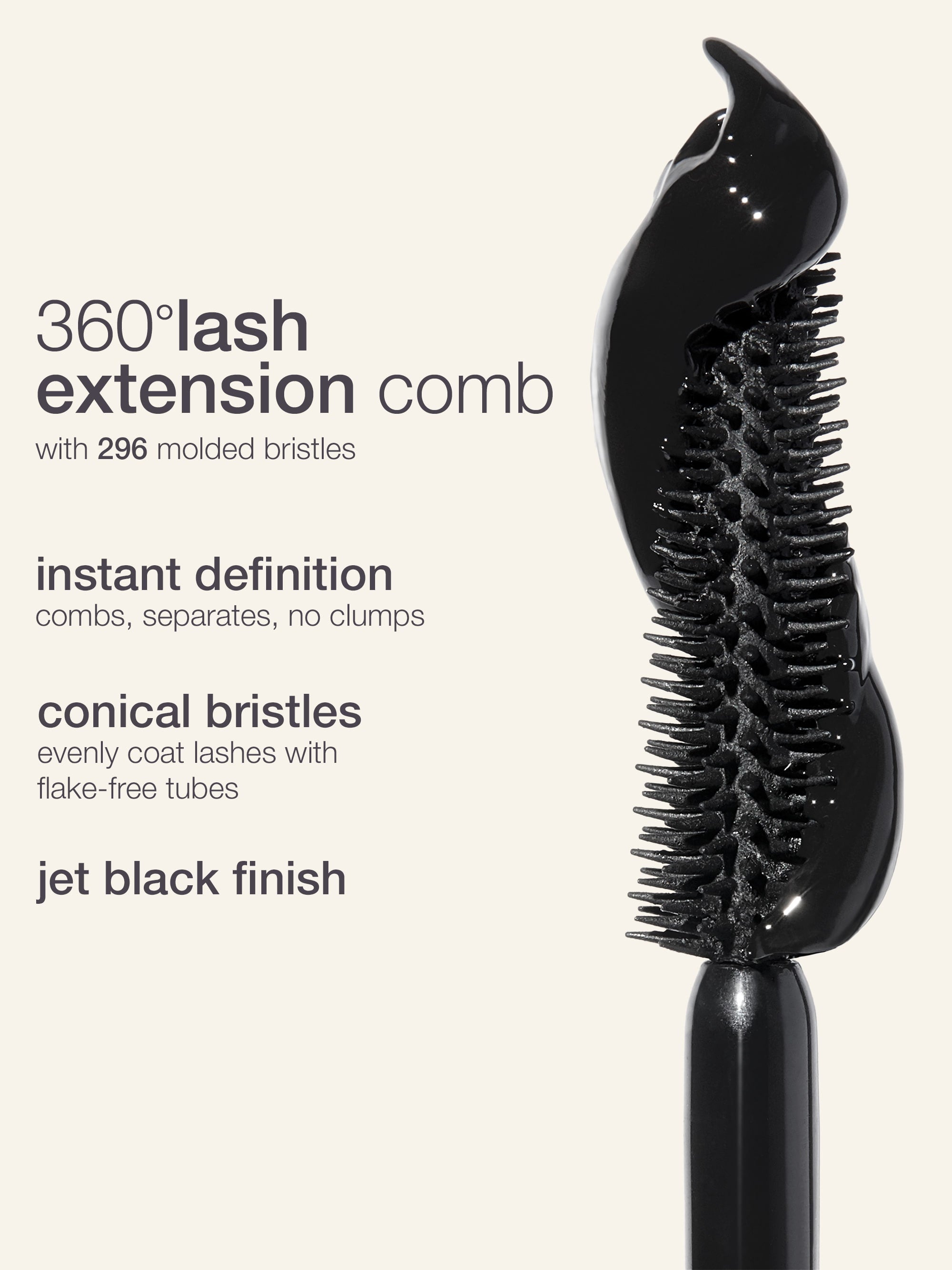 Black lash extension comb with text on a white background