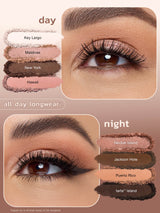 Eyeshadow color swatches for 'day', 'all day longwear', and 'night' with corresponding eye makeup application.