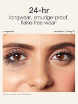 Comparison of eye makeup wear between a competitor and Tartelette tubing XL, highlighting 24-hour longwear, smudge-proof, flake-free wear.
