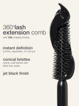 Black lash extension comb with text on a white background