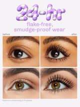Before and after comparison of eyelashes with text indicating product effects.