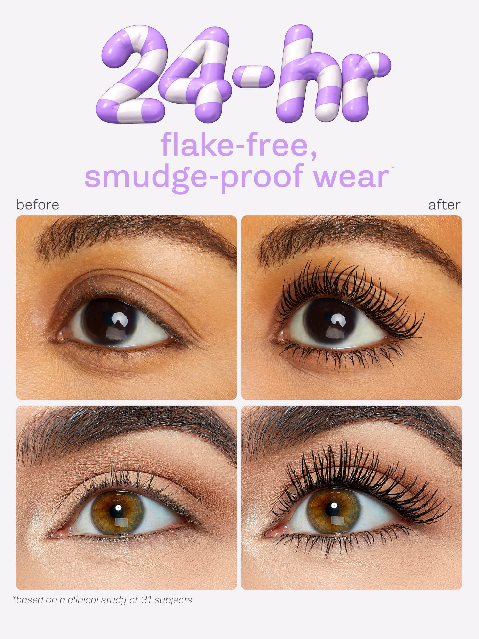 Before and after comparison of eyelashes with text indicating product effects.