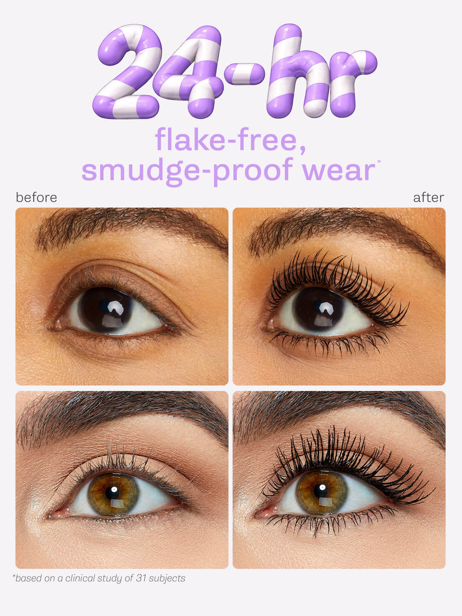 Before and after comparison of eyelashes with text indicating product effects.