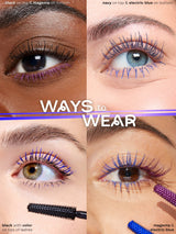 Two purple mascara tubes, one labeled 'travel-size' and the other 'full-size', on a light purple background.