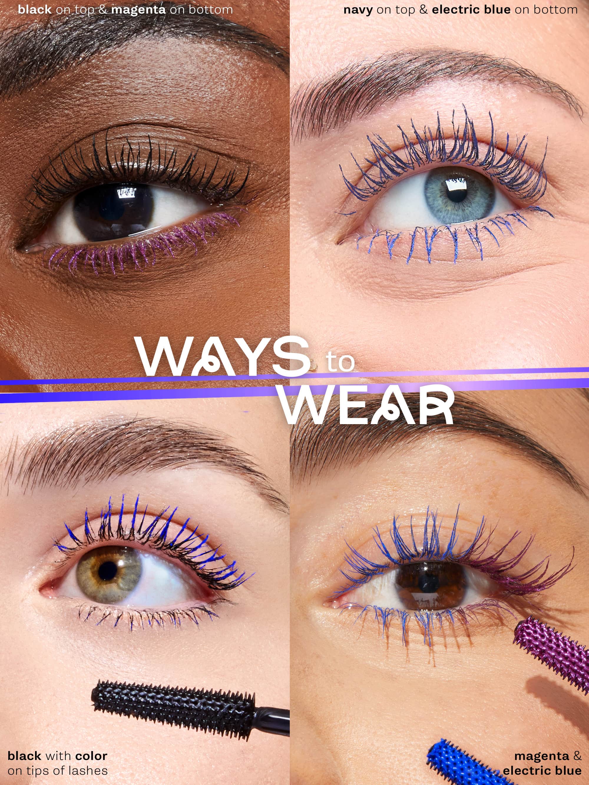 Two purple mascara tubes, one labeled 'travel-size' and the other 'full-size', on a light purple background.