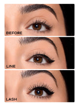 Before, line, and after images of an eye with makeup application using tartelette quick stick tubing liner 