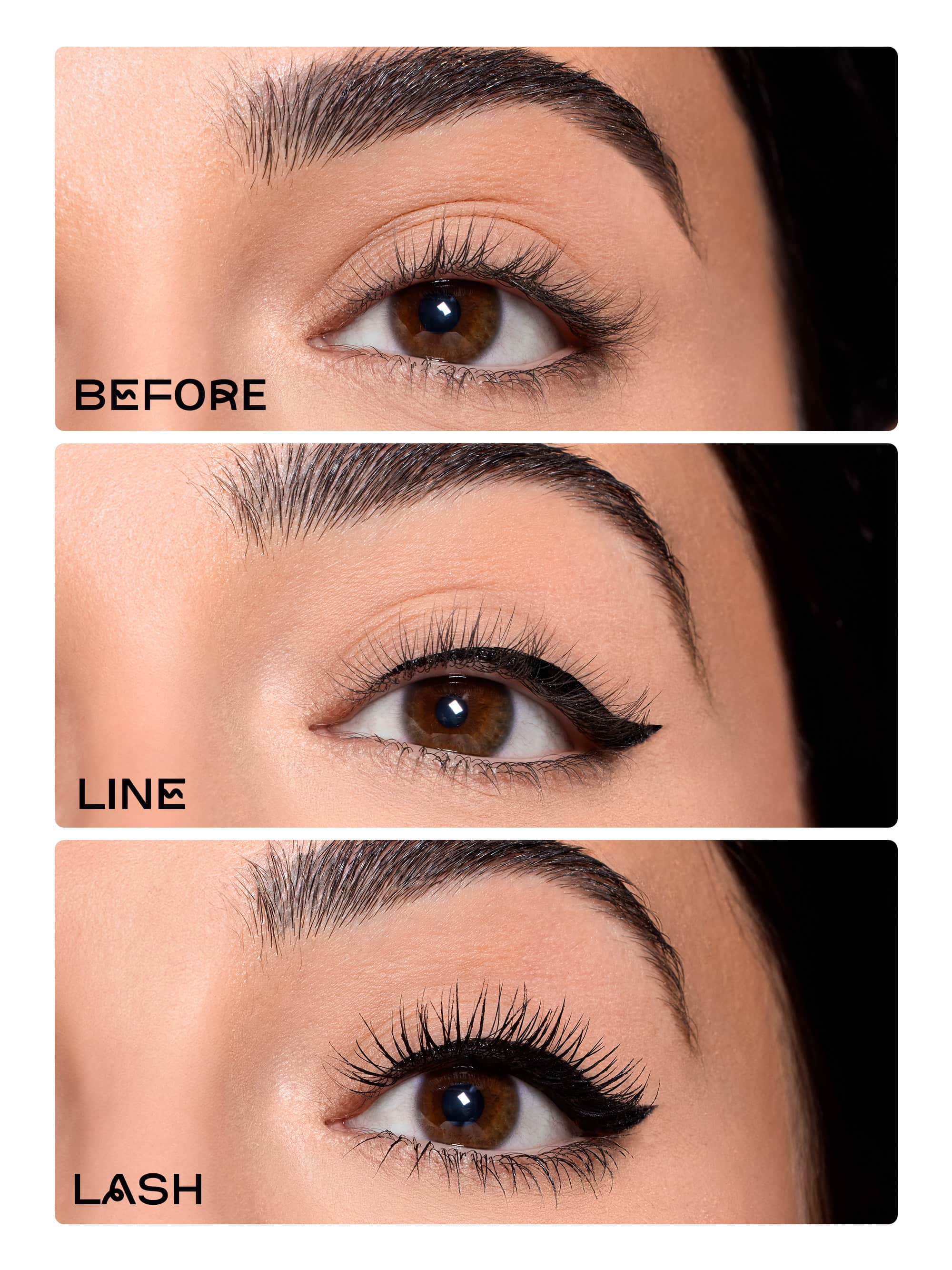Before, line, and after images of an eye with makeup application using tartelette quick stick tubing liner 