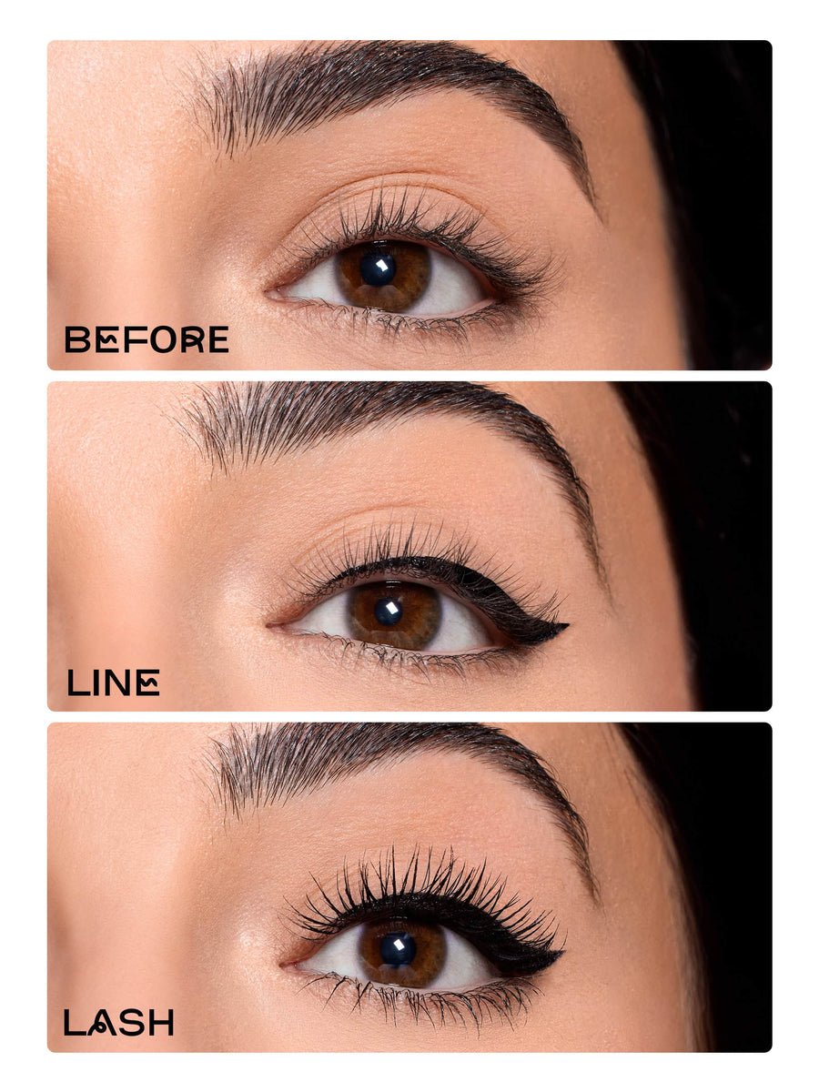 Before, line, and after images of an eye with makeup application using tartelette quick stick tubing liner 