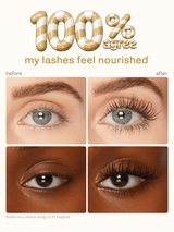 Before and after comparison of eye lashes with '100% agree' text using tartelette quick stick tubing liner 