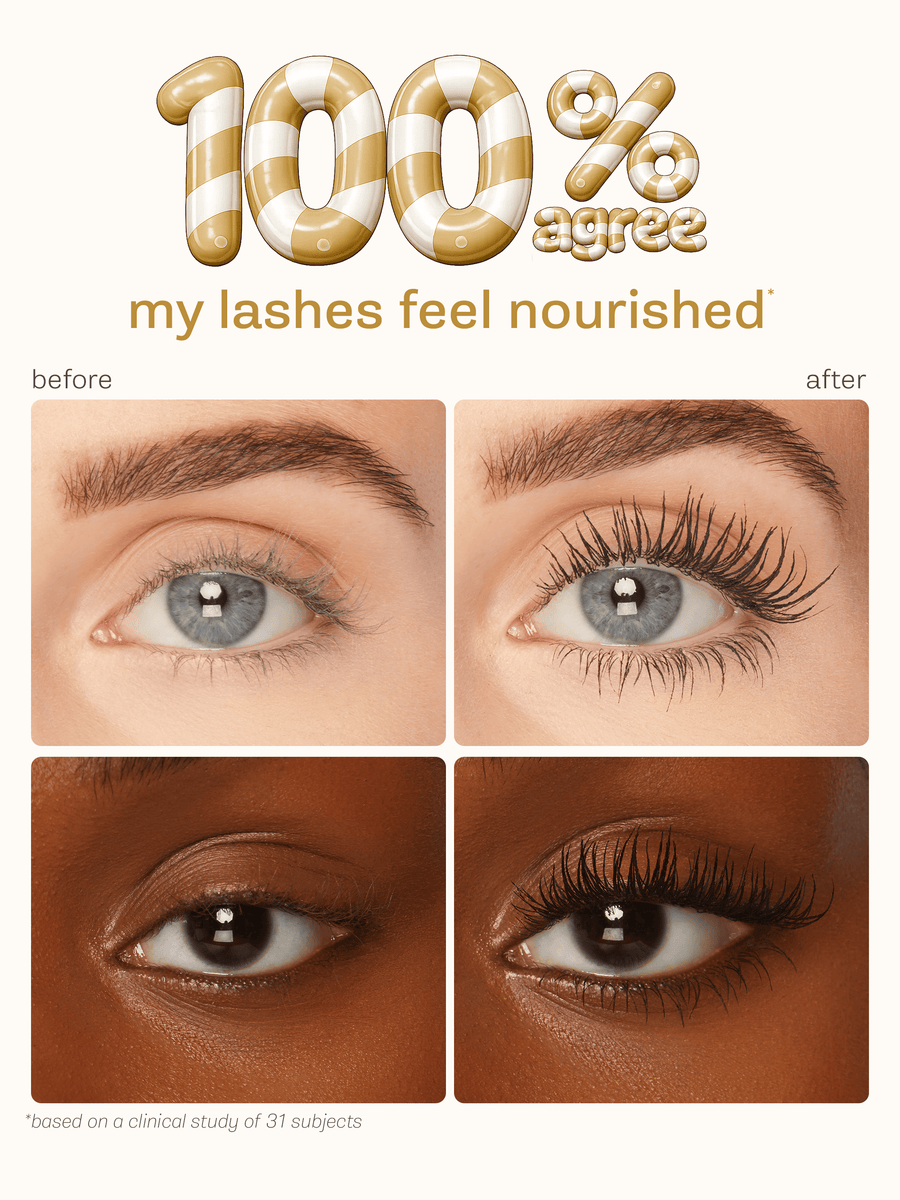 Before and after comparison of eye lashes with '100% agree' text using tartelette quick stick tubing liner 