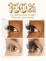 Before and after comparison of eyelashes with text '100% agree my lashes look longer, lifted & voluminous' using tartelette quick stick tubing liner 