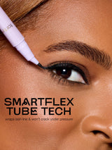 tartelette quick stick tubing liner being applied with a close-up of an eye, featuring the text 'SMARTFLEX TUBE TECH'.