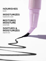 tartelette quick stick tubing liner  with text highlighting its moisturizing and nourishing properties on a white background.