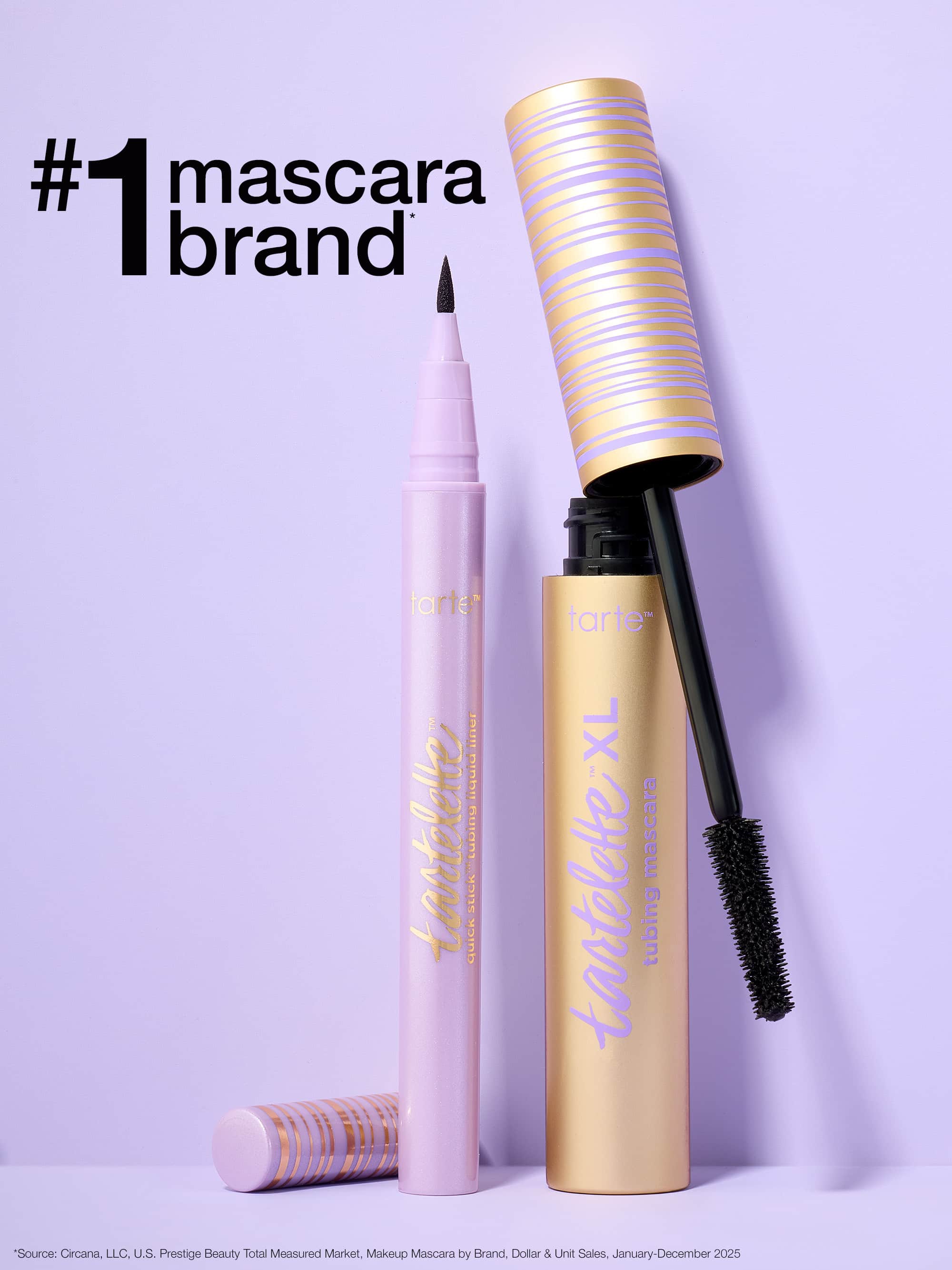 tarte tartelette quick stick tubing liner  and tartelette tubing XL mascara with open cap on a light purple background