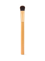 Makeup brush with wooden handle on a white background