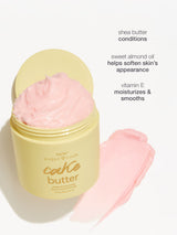 Jar of cake butter with pink cream and text about its benefits on a white background