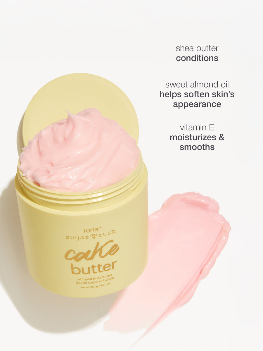 Jar of cake butter with pink cream and text about its benefits on a white background