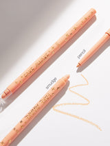 Two peach-colored makeup pencils with text on a light background