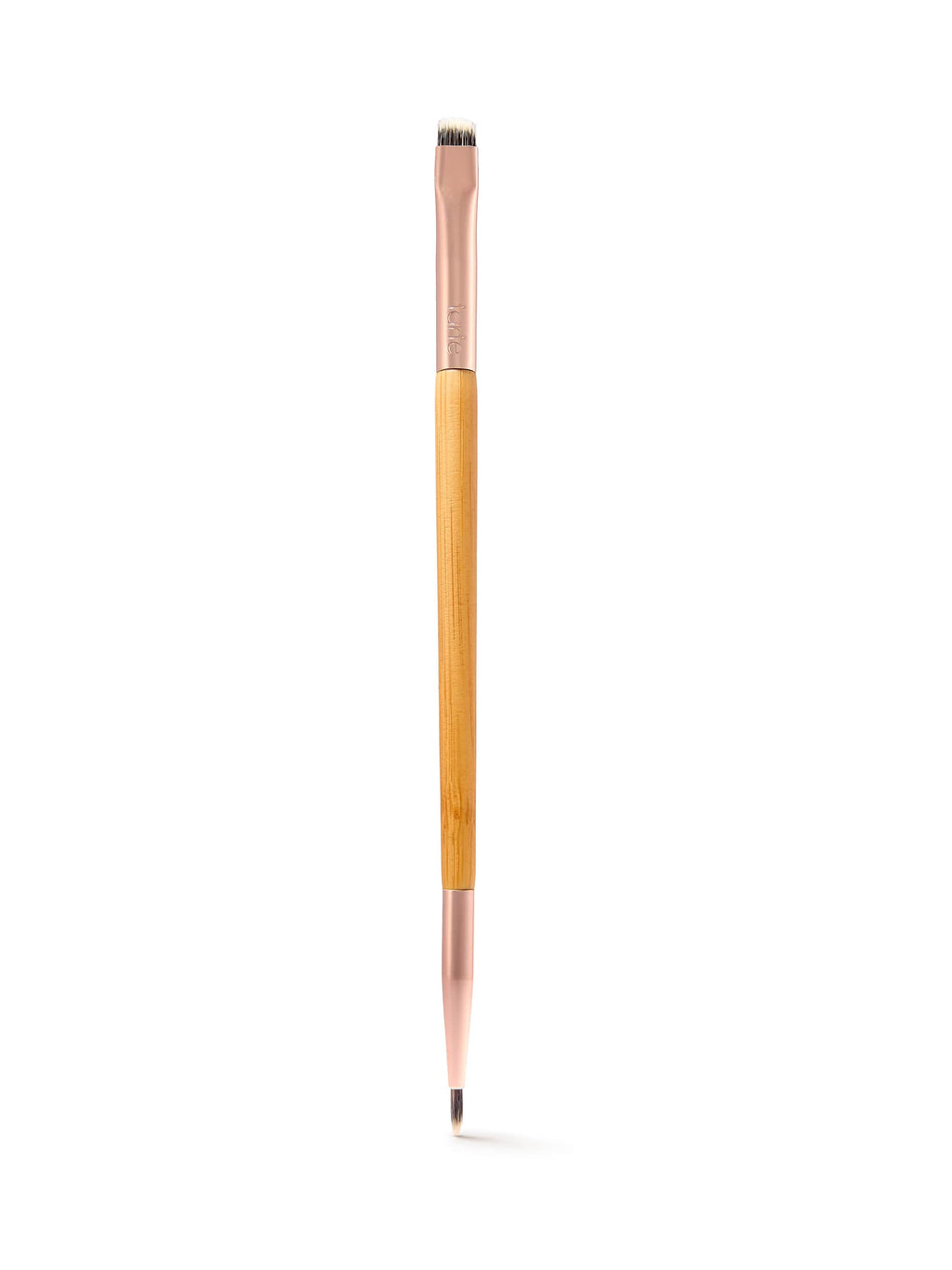 Makeup brush with wooden handle and metal ferrule on a white background